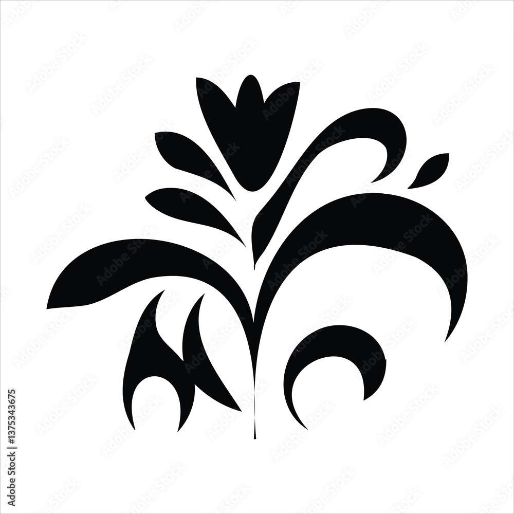 Abstract black and white floral vector design features a decorative flower ornament and leaf element silhouette Abstract black and white floral vector design features a decorative flower ornament and leaf element silhouette