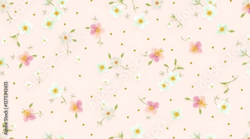 Dainty Floral Dots Pastel Flowers on Light Pink, Seamless Pattern for Textile & Decor, Delicate Botanical Print, High-Resolution 