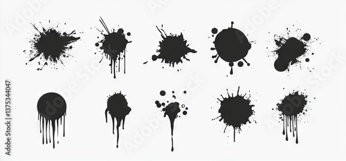 Modern flat illustration featuring paint splatters, highlighting abstract liquid stain grunge elements such as black dripping paint, melting chocolate, and oil drips