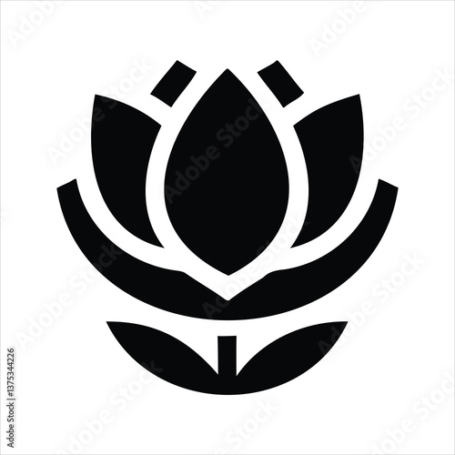 Lotus Bloom: A serene and minimalist black and white illustration of a lotus flower in full bloom, embodying purity, enlightenment, and tranquility.