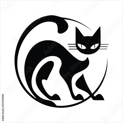 Minimalist Black Cat Icon: A sleek, stylized black cat, elegantly posed within a circular frame, embodies the essence of feline grace and mystique.