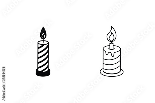 Simple Candle Icons Lit, Striped, Wax, Birthday, Celebration