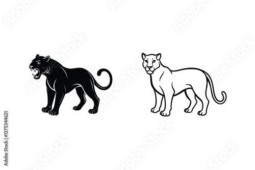 Photography Black Panther and Cougar Line Art Illustrations, Wild Cats, Big Cats, Feline Des