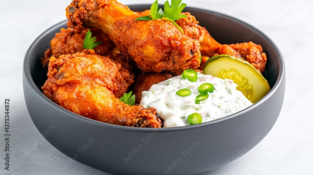 Fototapeta premium Crispy fried chicken drumsticks served in a dark gray bowl with a creamy white sauce, pickled cucumbers, and jalapeños. Close up shot with shallow depth of field.
