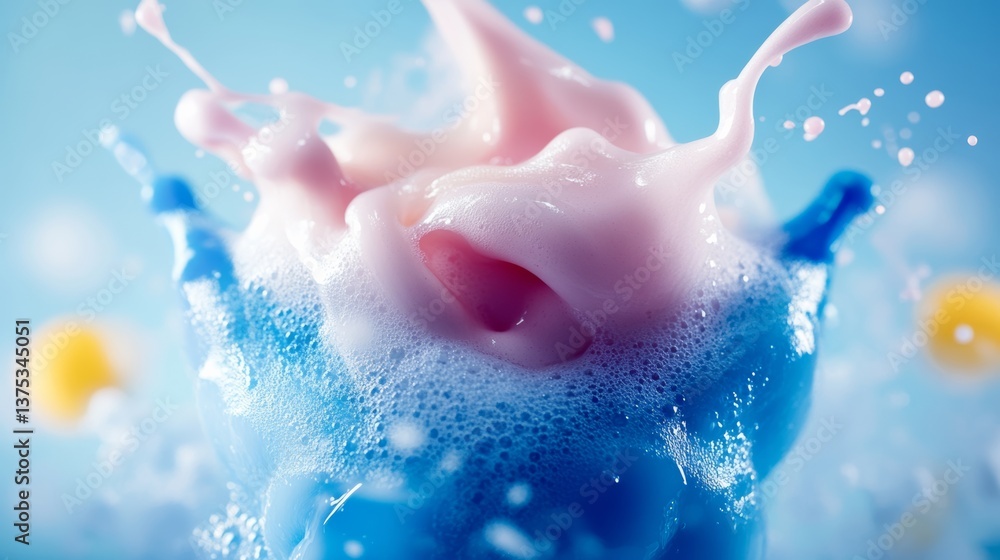 Fototapeta premium Splash of blue and pink foam is captured in a photo. The colors are vibrant and the foam looks like it's coming out of a bubble. The image has a playful and fun mood