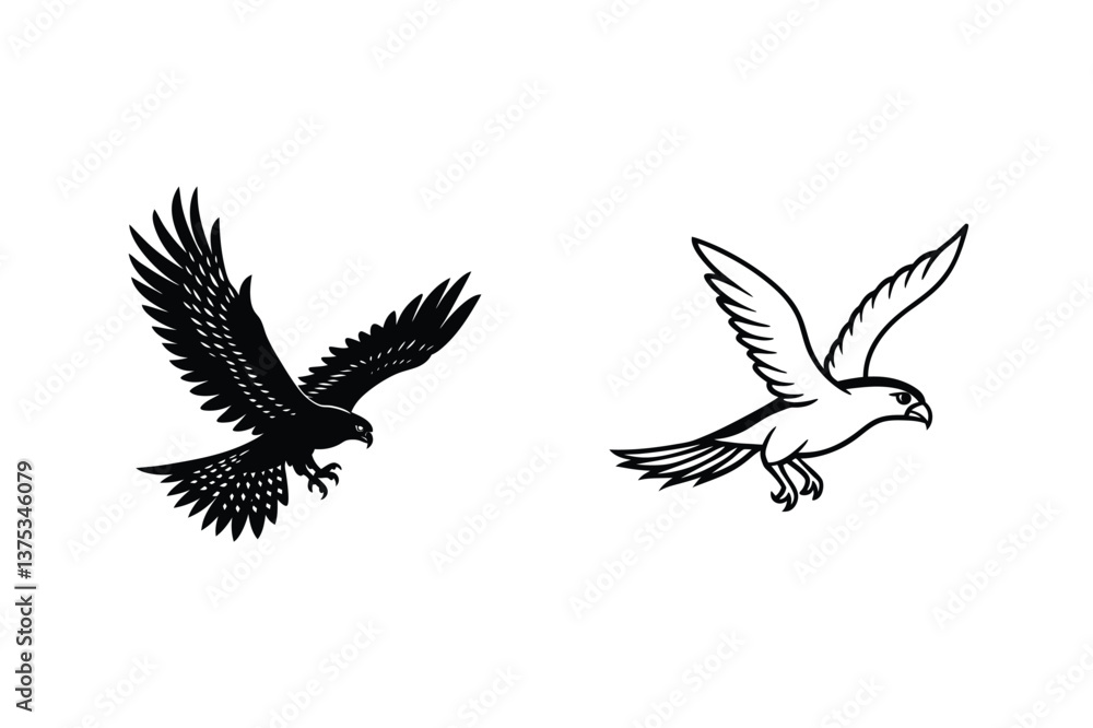 Fototapeta premium Two Elegant Eagle Designs Black Silhouette and Line Art