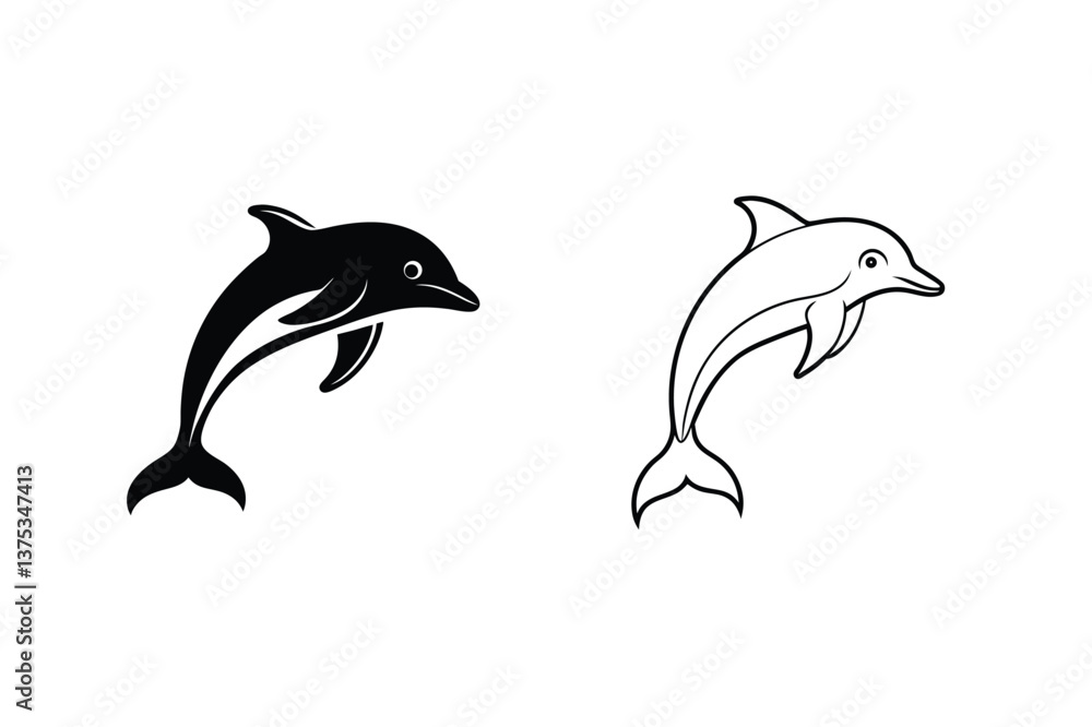 Fototapeta premium Two Dolphin Illustrations Black, White, Jumping, Aquatic, Mammal, Marine, Design, Vector, Graphic, I