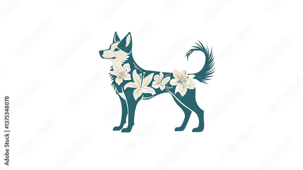 Fototapeta premium Elegant Teal Dog with Floral Design Artistic Canine Illustration