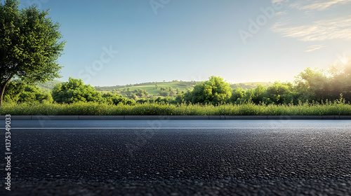 Side view of asphalt road, evening time, beautiful nature in the background
