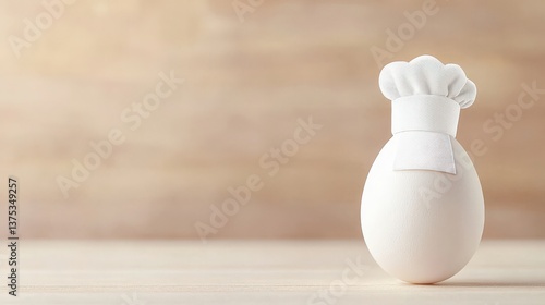 Chef Hat on Egg, Culinary Concept, White egg with chef hat and blank tag. Food, cooking concept.