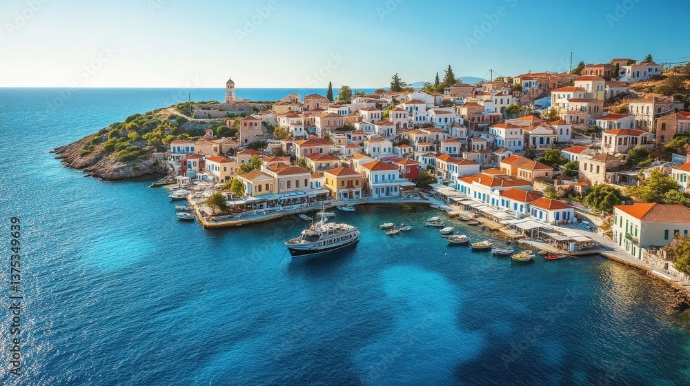 Obraz premium coastal town features charming Mediterranean houses with terracotta rooftops nestled along a sparkling turquoise bay dotted with boats