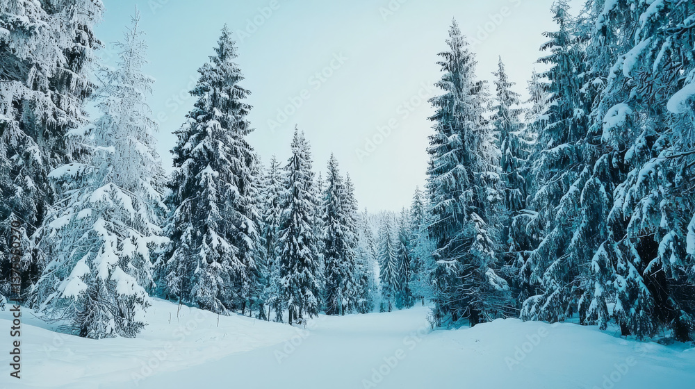 serene winter landscape featuring tall snow covered pine trees lining peaceful path, evoking sense of tranquility and beauty serene winter landscape featuring tall snow covered pine trees lining peaceful path, evoking sense of tranquility and beauty
