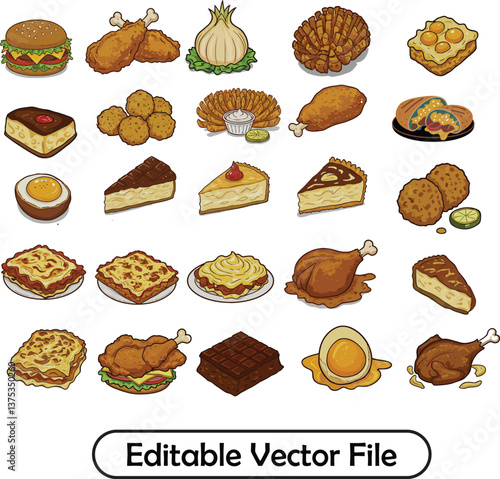 Hand-Drawn Fried & Baked Food  Vector Illustration Set. Collection of Delicious Food Items Pizza Burgers Sandwiches and Desserts
