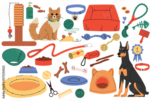 Illustration of a cat and dog surrounded by various pet supplies including beds, toys, leashes, collars, grooming tools, and food. Concept for pet care, home essentials for cats and dogs. Vector