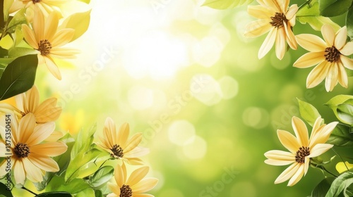 sunny floral border with yellow blossoms and lush green leaves framing a soft, glowing background