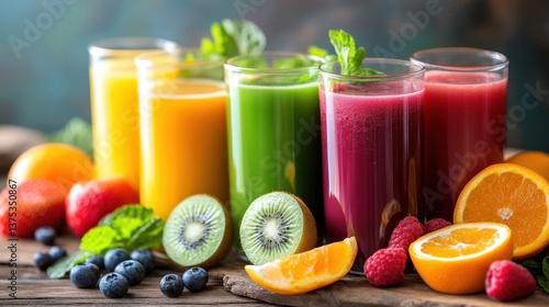 colorful fruit juices in tall glasses, surrounded by fresh fruits like oranges, kiwis, strawberries, blueberries, and raspberries