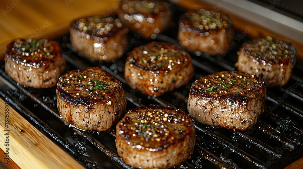 Grilled Filet Mignon Steaks on a Wooden Grilling Surface Grilled Filet Mignon Steaks on a Wooden Grilling Surface