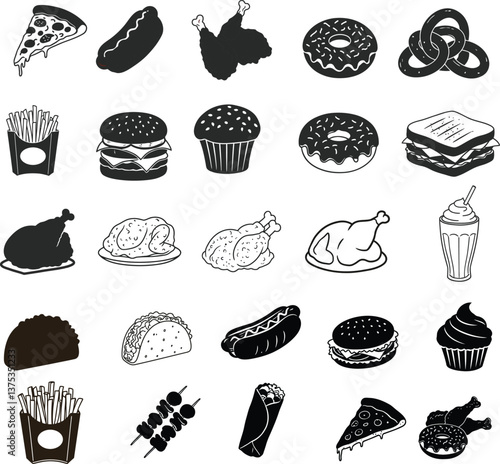 Hand-Drawn Fried & Baked Food black silhouette Vector Illustration Set. Collection of Delicious Food Items Pizza Burgers Sandwiches and Desserts