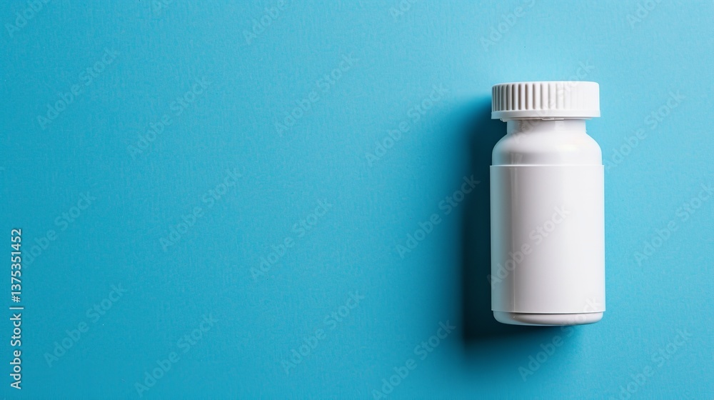Against a light blue backdrop, there's an unfilled white pill bottle, big space, Generative AI. Against a light blue backdrop, there's an unfilled white pill bottle, big space, Generative AI.