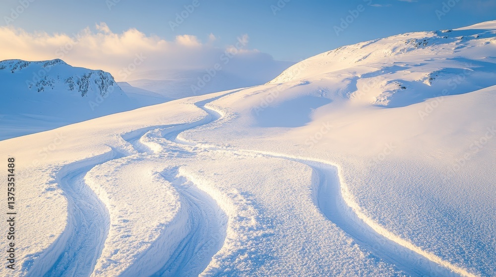 Fototapeta premium Scenic Winter Landscape with Snow Trails and Blue Sky Reflections