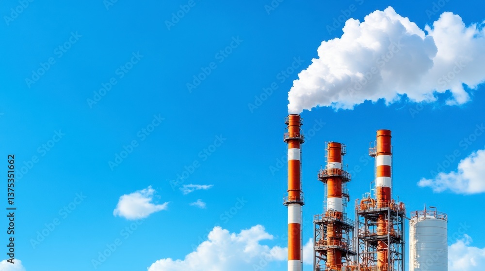 Obraz premium Industrial smokestacks emitting white smoke against a vibrant blue sky with fluffy clouds. Image depicts air pollution and industrial emissions.