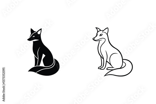 Black and White Fox Silhouettes Sitting Fox Line Art Illustrations