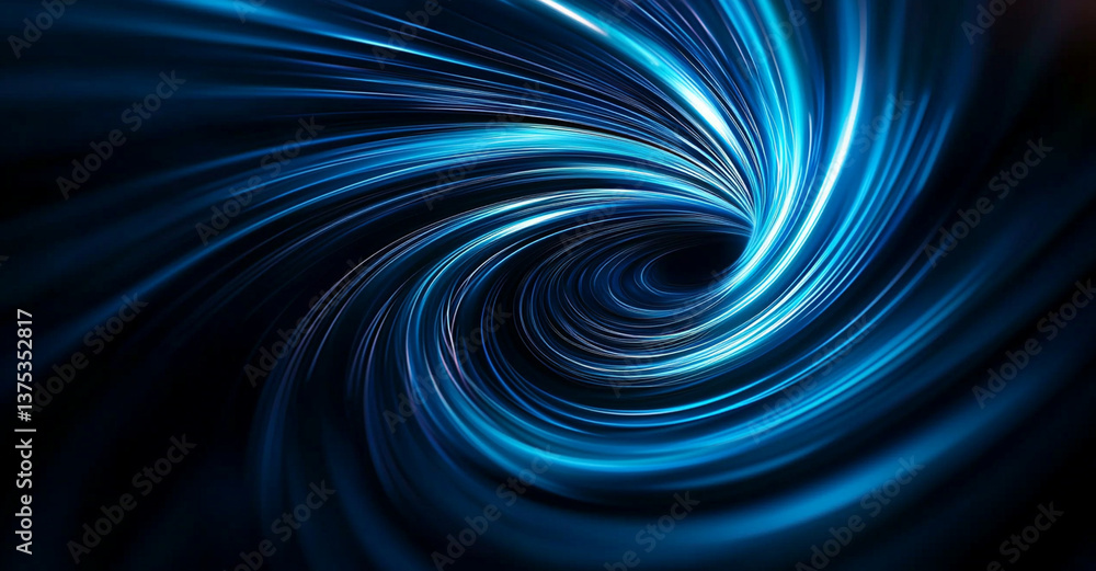 Fototapeta premium Abstract blue lines swirl in center of empty black background, creating mesmerizing vortex effect. dynamic movement evokes sense of depth and energy