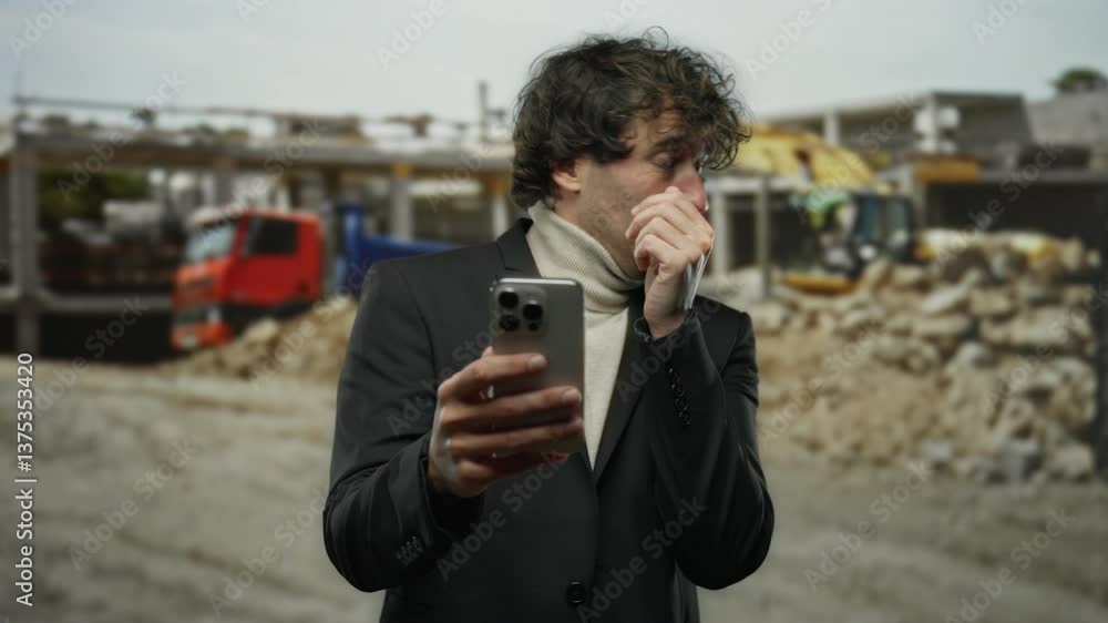 Young man at construction site looks distressed while checking phone, surrounded by urban machinery, wearing formal suit and holding head in disbelief. Young man at construction site looks distressed while checking phone, surrounded by urban machinery, wearing formal suit and holding head in disbelief.