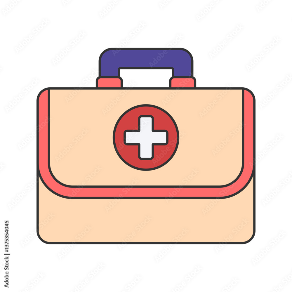 Obraz premium First Aid Kit Flat design style, beige medical case with a cross symbol, representing emergency care, suitable for healthcare graphics, safety guides, and survival kit illustrations.