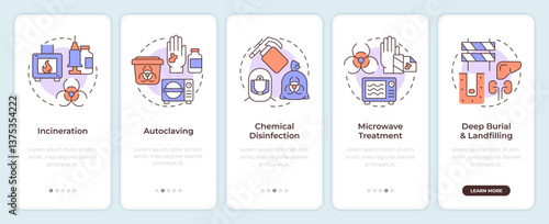 Biomedical waste treatment onboarding mobile app screen. Walkthrough 5 steps editable graphic instructions with linear concepts. UI, UX, GUI. Montserrat SemiBold, Regular fonts used