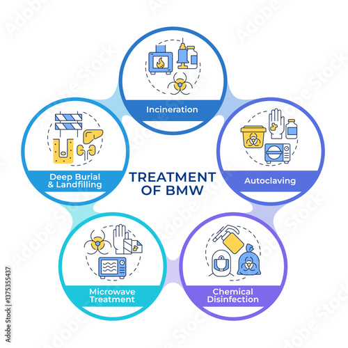 Biomedical waste management methodologies infographic circles flowchart. Deep burial. Visualization diagram with 5 steps. Circular info graphic editable. Montserrat SemiBold font used