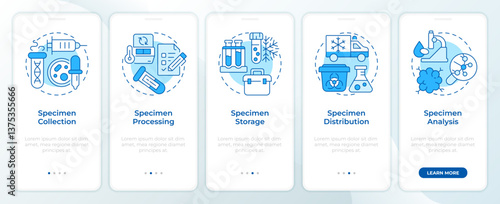 Specimen lifecycle blue onboarding mobile app screen. Biobanks research. Walkthrough 5 steps editable graphic instructions with linear concepts. UI, UX, GUI. Montserrat SemiBold, Regular fonts used