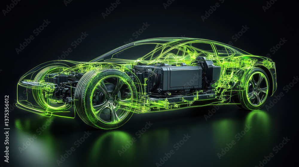 A detailed X-ray perspective of an electric car, showcasing the battery and other components in green neon light against a black background A detailed X-ray perspective of an electric car, showcasing the battery and other components in green neon light against a black background
