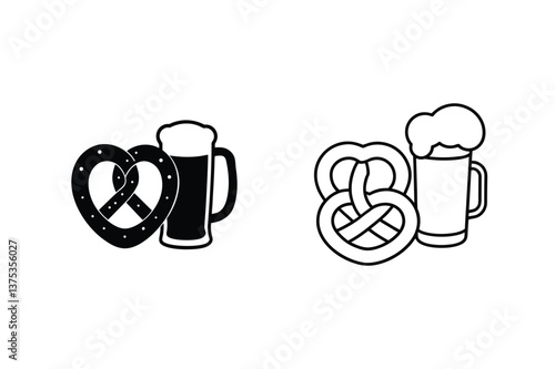 Oktoberfest Pretzel Beer Icons Filled and Outline Styles