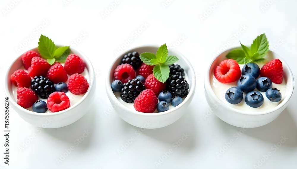 Three white bowls filled with yogurt and topped with fresh berries and mint leaves, digital art Three white bowls filled with yogurt and topped with fresh berries and mint leaves, digital art