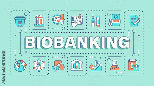 Biobanking green word concept. Biorepository storing samples. Cryo medicine development. Typography banner. Vector illustration with title text, editable icons color. Hubot Sans font used