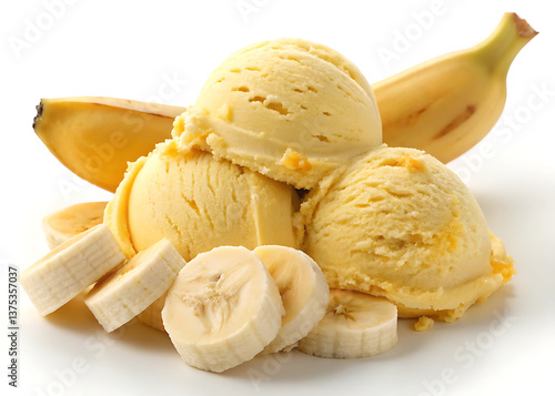 Banana ice cream scoops with sliced fruit on white surface