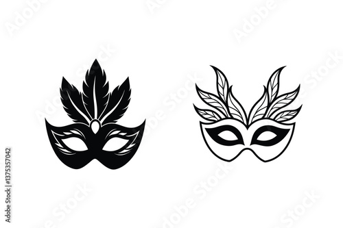 Elegant Black and White Carnival Masks with Feathers Design
