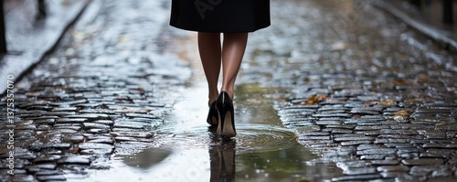 A woman walks elegantly on a cobbled street, her heels echoing against the wet pavement, reflecting a moody atmosphere.