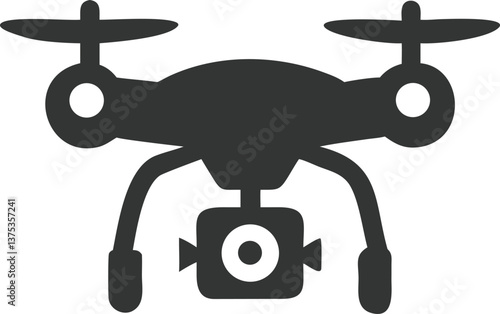 Drone Icon, Modern Quadcopter Silhouette with Camera and Transparent Background