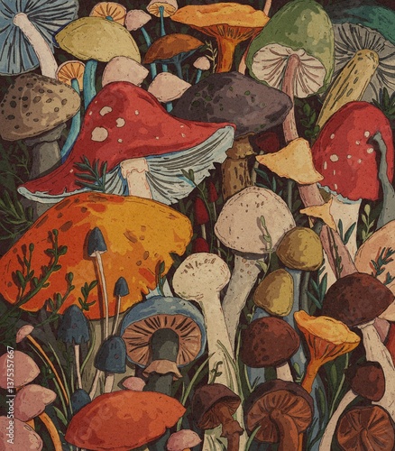 Landscape with various kinds of mushrooms