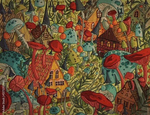 Landscape with mushrooms and houses