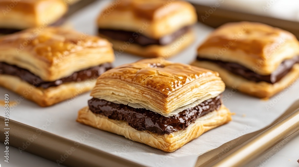 A chocolate-stuffed puff pastry resting on a baking sheet with parchment paper. A chocolate-stuffed puff pastry resting on a baking sheet with parchment paper.