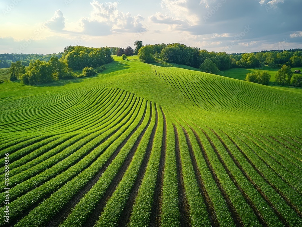 Aerial view of vibrant green agricultural field with rolling hills and lush trees under a partly cloudy sky. Aerial view of vibrant green agricultural field with rolling hills and lush trees under a partly cloudy sky.