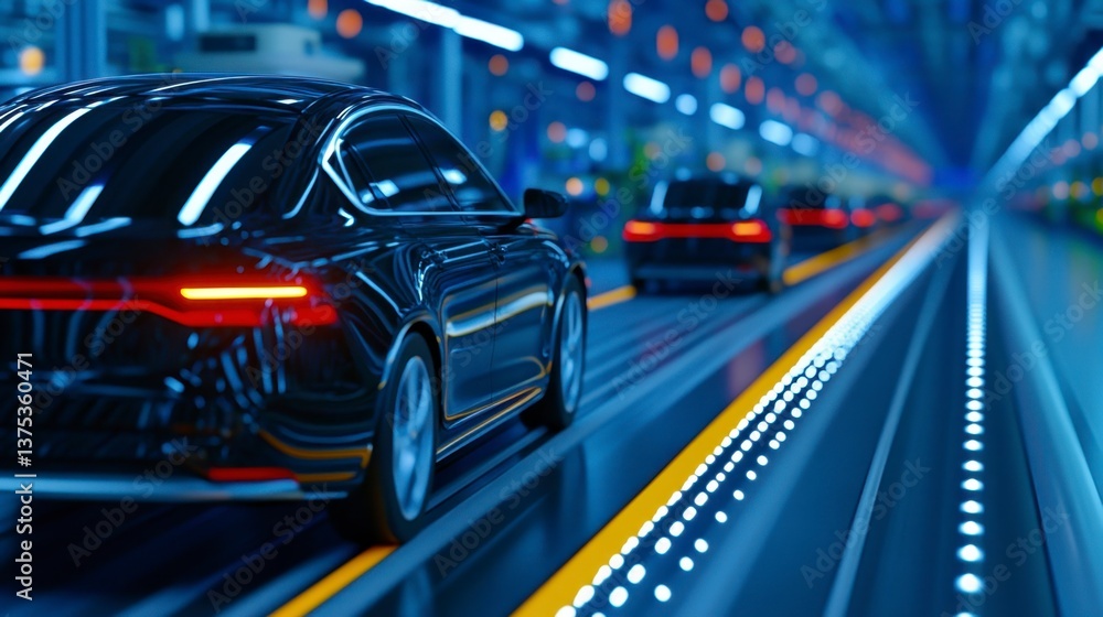 Fototapeta premium Sleek black cars drive on a futuristic roadway with glowing lines, creating a dynamic and technological atmosphere.