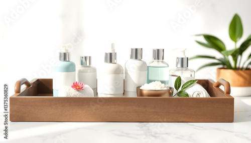 Tray with spa supplies in salon , with white tonespng