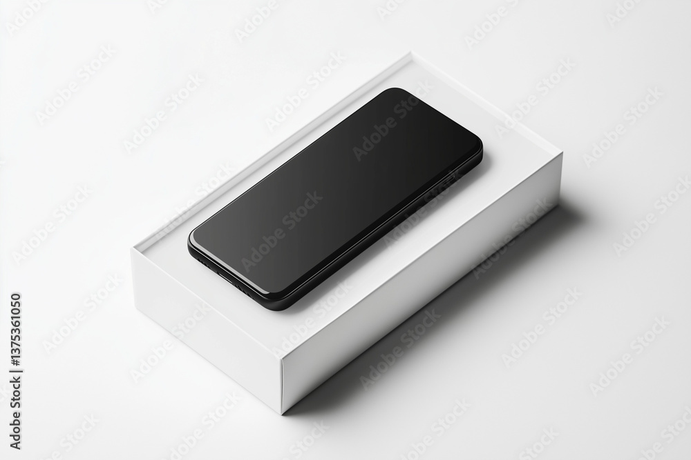 Futuristic smartphone packaging with sleek matte black finish, high-tech aesthetic, white background Futuristic smartphone packaging with sleek matte black finish, high-tech aesthetic, white background