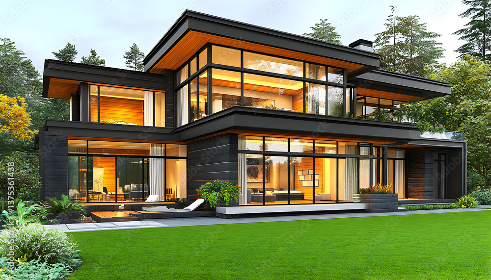 Obraz premium Modern Black and Glass House with Illuminated Interior and Green Lawn