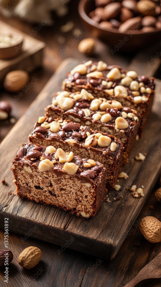 Four slices of almond and chocolate loaf cake on a wooden board, with almonds and hazelnuts scattered around. Four slices of almond and chocolate loaf cake on a wooden board, with almonds and hazelnuts scattered around.