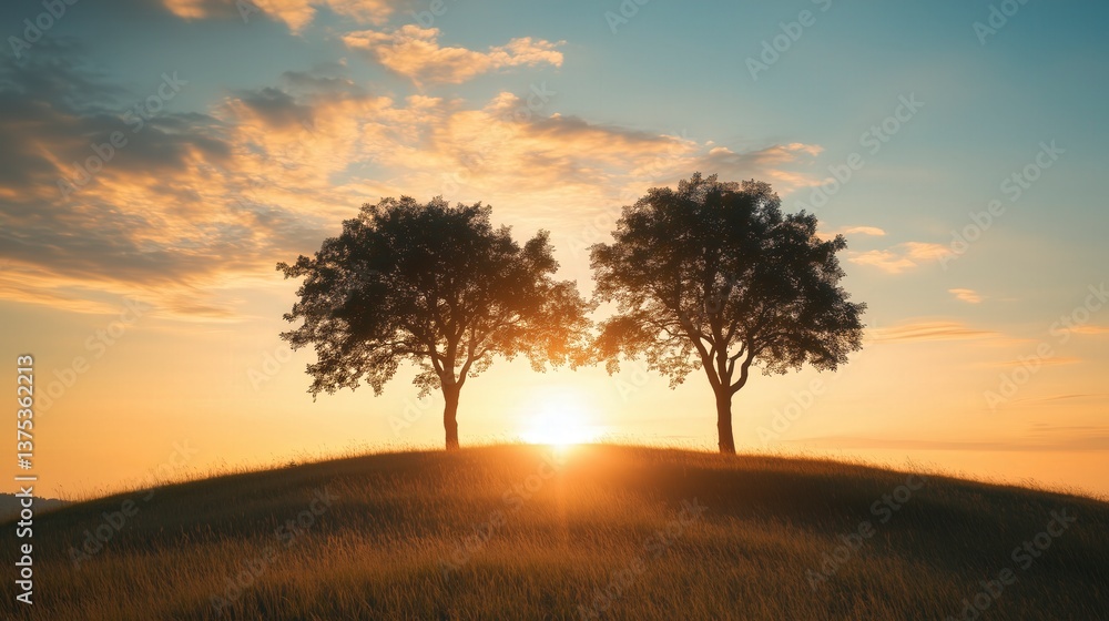 Two trees atop a hill, their branches intertwining like a graceful dance, silhouetted against a warm and glowing sunset sky Two trees atop a hill, their branches intertwining like a graceful dance, silhouetted against a warm and glowing sunset sky